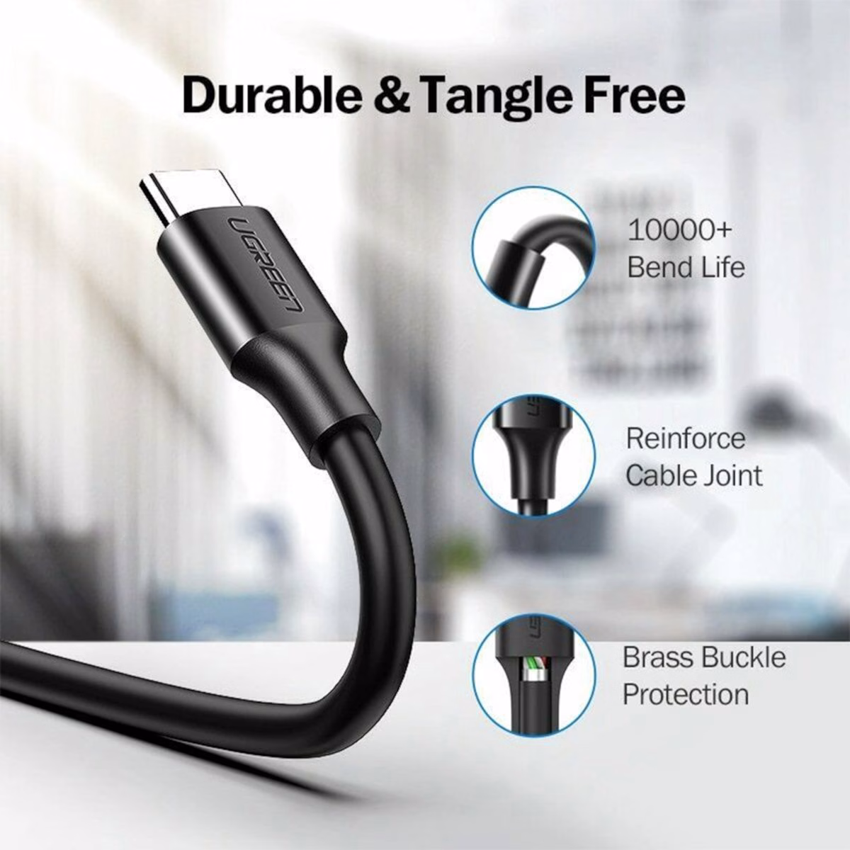 UGREEN Type-C to USB 3.0 Cable 2m – Fast Charging 3A, 5Gbps Sync – Black - Image 3